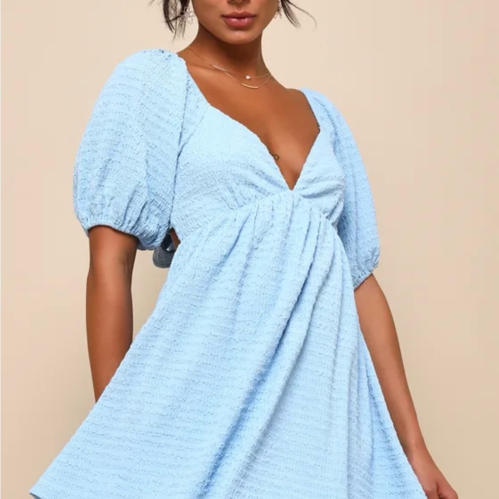 NWT Lulus Pleasing Charm Light Blue Textured Tie Back Babydoll Mini Dress